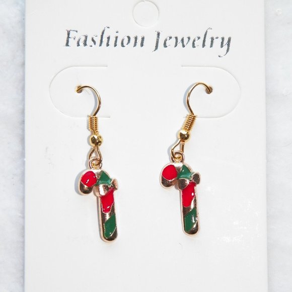 Gold Candy Canes Earrings 3/4" Red Green Enamel - Picture 1 of 4